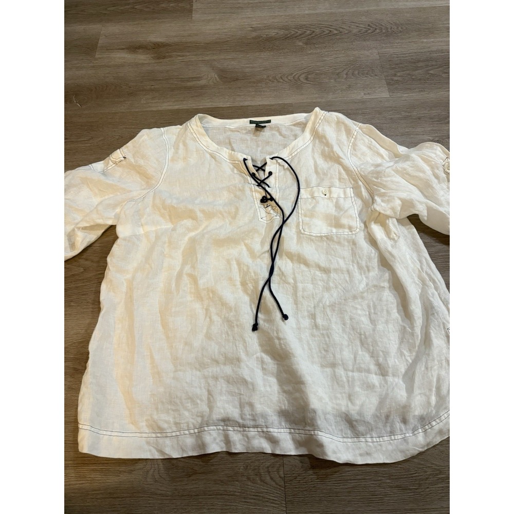 Lauren Ralph Lauren Shirt Women's White‎ 100% Linen Lace Up V Neck 1X Plus Size
